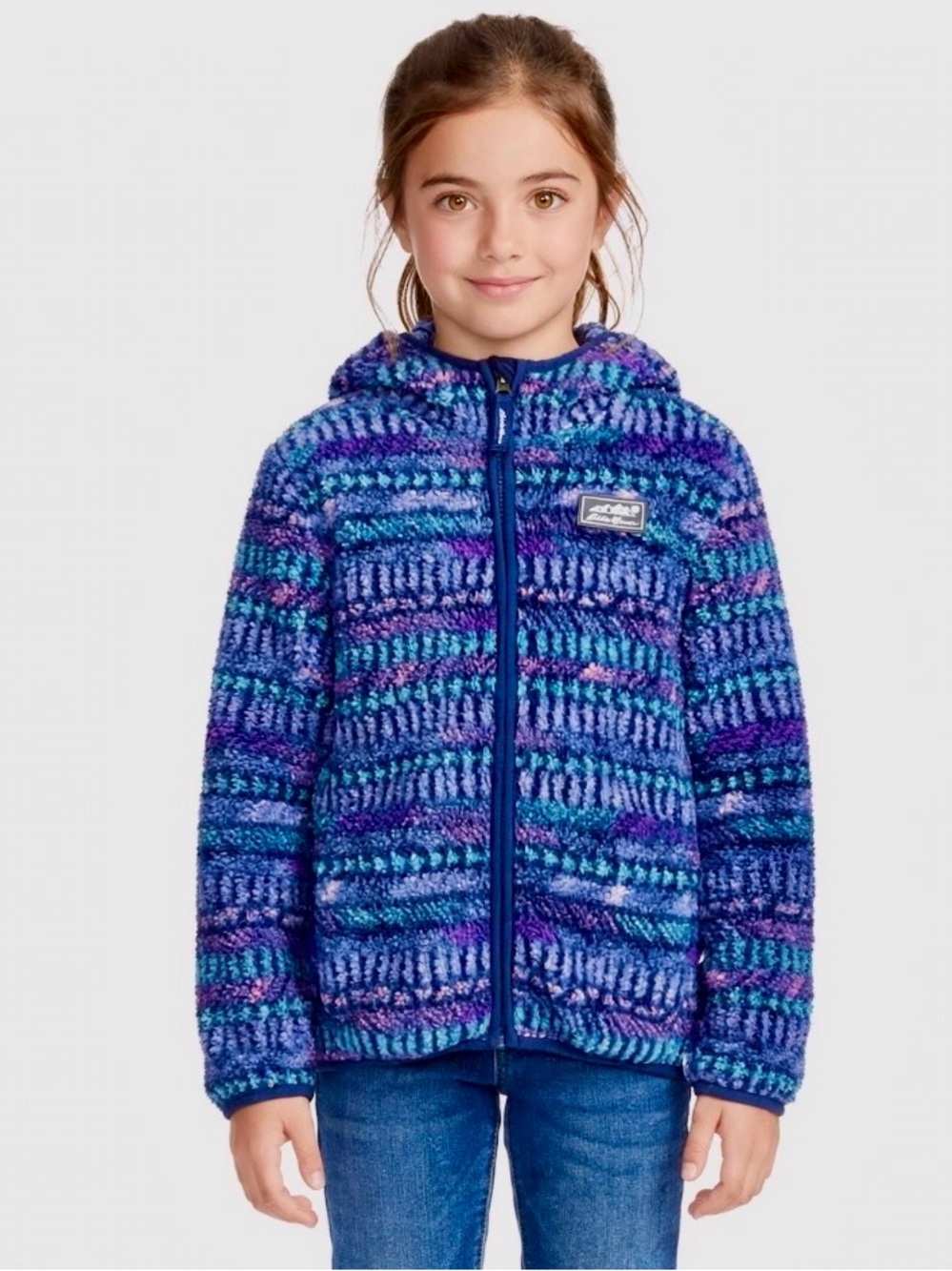 Eddie Bauer Girls' Multicolor Blue-Purple Fair-Isle Plush Full Zip Sherpa Hoodie
